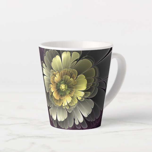 Caneca De Café Latte Abstrato Modern Purpur Khaki Cinza Flor Fractal (Ângulo direito)