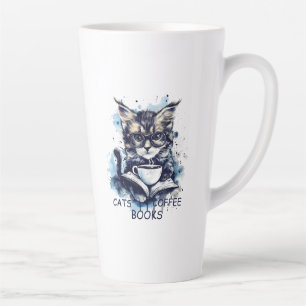 Caneca De Café Latte Abstrato Watercolor Cats Café Livros