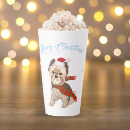 Caneca De Café Latte Adorável Yorkie de Natal com Chapéu de Papai Noel