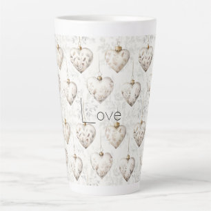 Caneca De Café Latte Adornos Corações Cinza Creme Chic