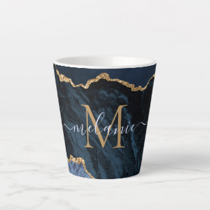 Caneca De Café Latte Agate Marinho Azul Dourado Marble Name Letter Latg