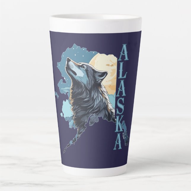Caneca De Café Latte Alaska Outline Wolf and Moon (Frente)