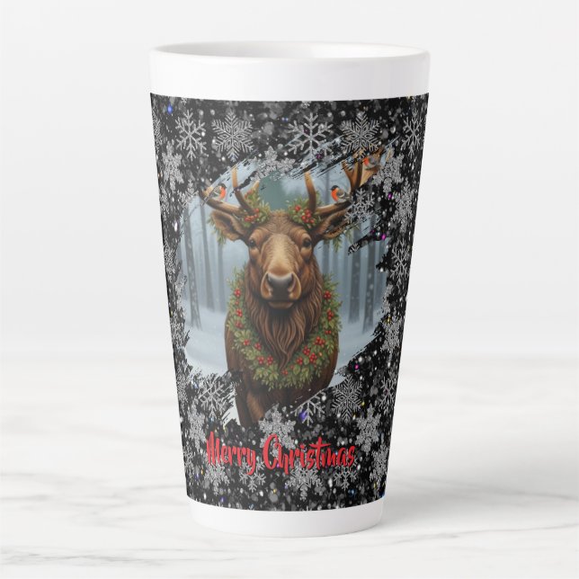 Caneca De Café Latte Alce de Natal rústico floresta de madeira de inver (Frente)