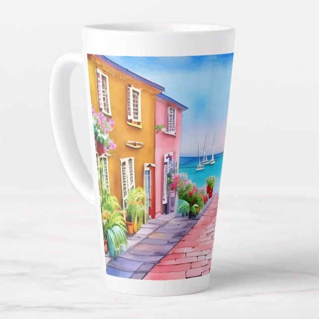 Caneca De Café Latte Aldeia do litoral Sunset Watercolor (Ângulo esquerdo)