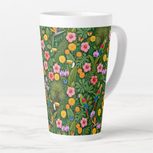 Caneca De Café Latte Alegres Flores Tropicais Pássaros da Selva Colorid