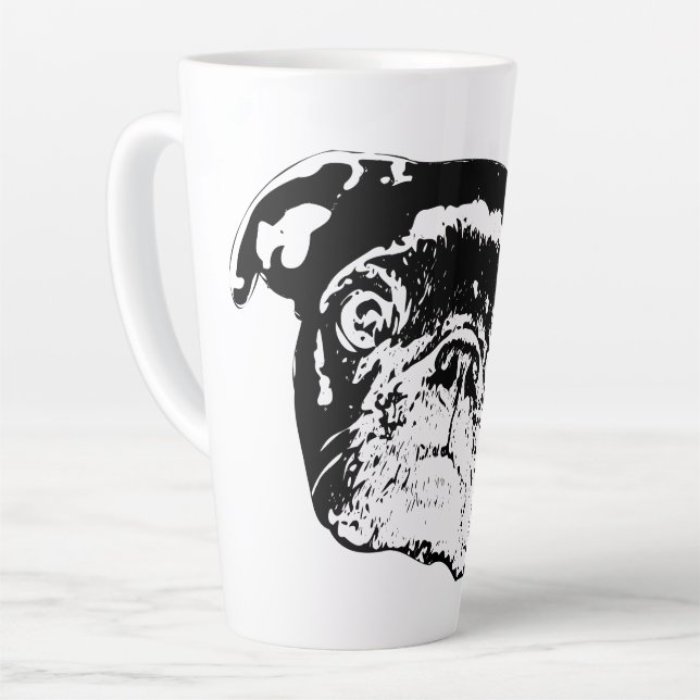 Caneca De Café Latte Alegria Pug Matinal Festiva (Ângulo esquerdo)