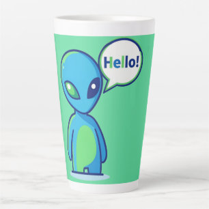 Caneca De Café Latte Alienígena Azul Fofo Dizendo Olá