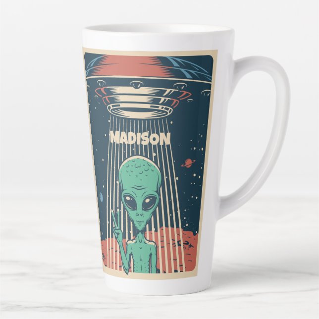 Caneca De Café Latte Alienígena de OVNI de Nome Personalizado (Direita)