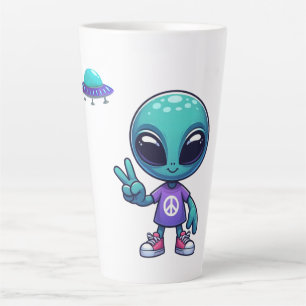 Caneca De Café Latte Alienígena de paz e nave espacial