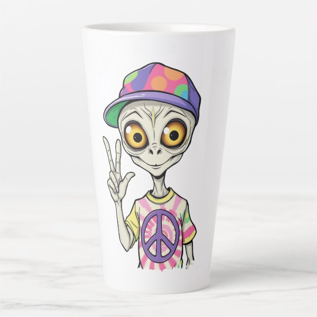 Caneca De Café Latte Alienígena mostra Sinal de Paz com a Mão 1 (Frente)