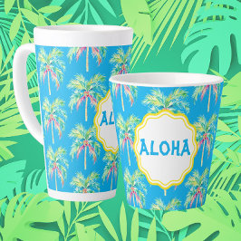 Caneca De Café Latte Aloha Tropical Palm Tree Blue Latg