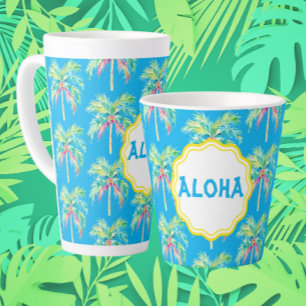 Caneca De Café Latte Aloha Tropical Palm Tree Blue Latg