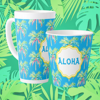 Caneca De Café Latte Aloha Tropical Palm Tree Blue Latg