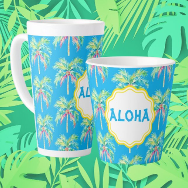 Caneca De Café Latte Aloha Tropical Palm Tree Blue Latg (Start your morning off right with a latte. Customize with a name or message!)