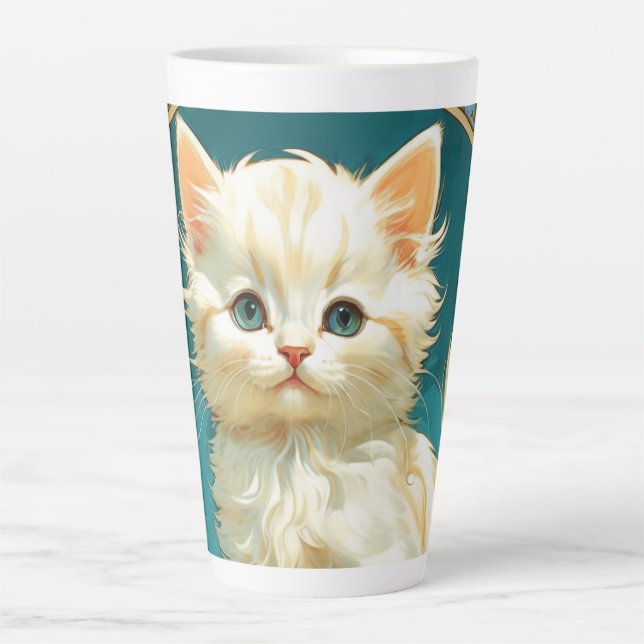Caneca De Café Latte Alphonse Mucha Art Nouveau White Cat (Frente)