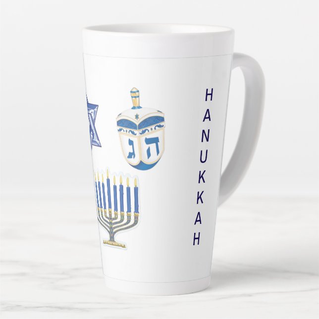 Caneca De Café Latte Altura Azul e Branco do Hanukkah (Ângulo direito)