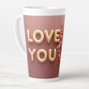 Caneca De Café Latte Ama Você Letras Douradas Com Pérola Floral Vermelh