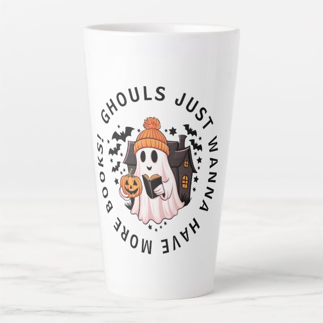 Caneca De Café Latte Amantes do Livro de Halloween (Frente)