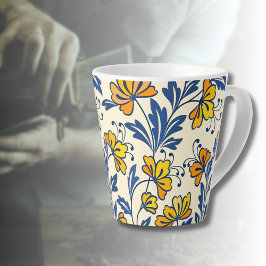 Caneca De Café Latte Amarelo Laranja Floral Folclórico Vintage Folha Az