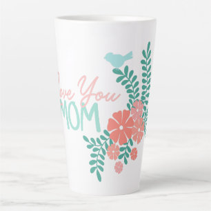 Caneca De Café Latte Amo você mamãe texto flores cor-de-rosa e pássaros