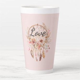 Caneca De Café Latte Amor Rosa Boho Penas Florais Sonho Catcher