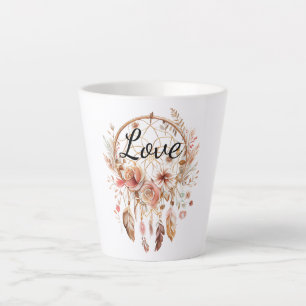 Caneca De Café Latte Amor Rosa Boho Penas Florais Sonho Catcher