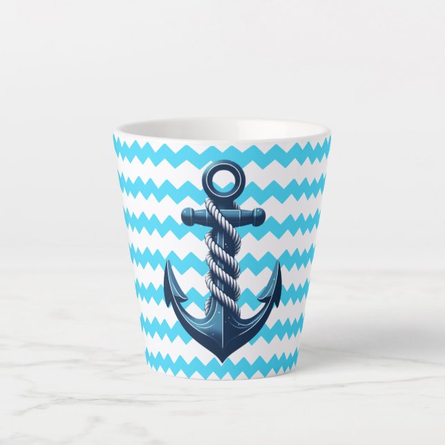 Caneca De Café Latte Âncora azul com ondas azuis (Frente)