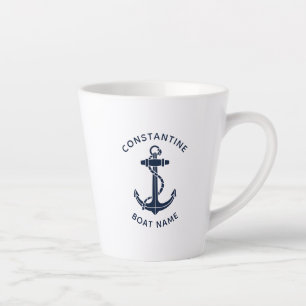 Caneca De Café Latte Âncora Azul Marinho Náutico Nome do Capitão do Bar