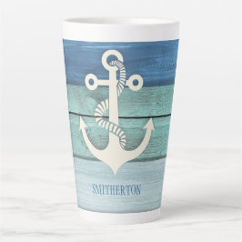 Caneca De Café Latte Âncora de madeira azul turquesa náutico
