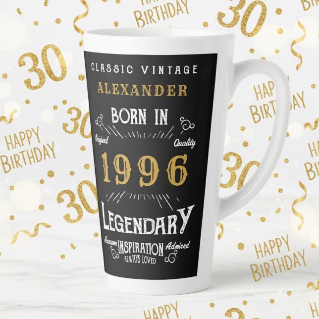 Caneca De Café Latte Aniversário de 30 anos 1996 Lendário Retro (1996 latte mug on a white and gold background)