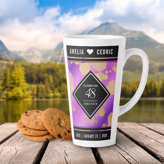 Caneca De Café Latte Aniversário de Casamento de Ametist 48º Elegante (Elegant 48th Amethyst Wedding Anniversary Tall Latte Mug Cover Photo. )
