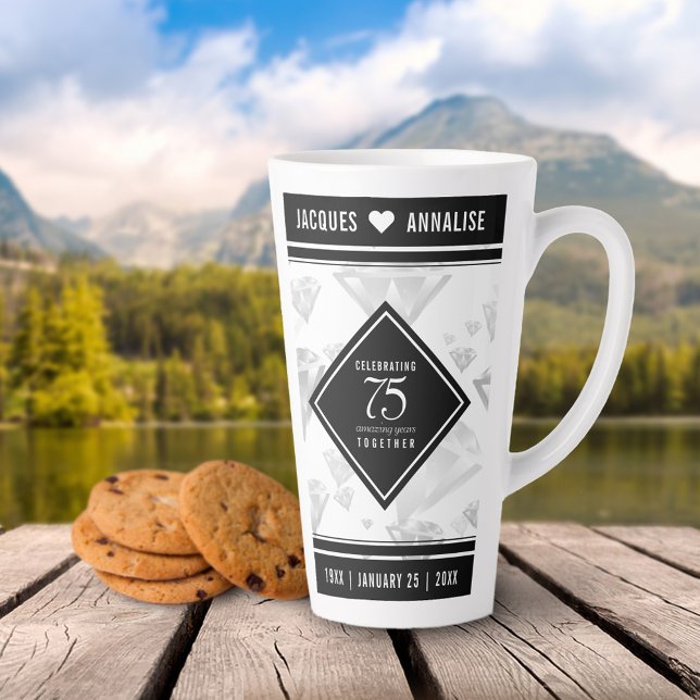 Caneca De Café Latte Aniversário de Casamento de Diamante Elegante 75 (75th Diamond Wedding Anniversary Tall Latte Mug Cover Photo.)