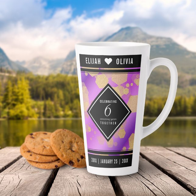 Caneca De Café Latte Aniversário de Casamento do Elegante 6 Ametyst (Elegant 6th Amethyst Wedding Anniversary Tall Latte Mug Cover Photo.)