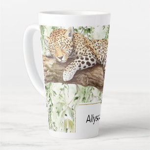 Caneca De Café Latte Aniversário do Leopardo da Marinha Verde Selvagem 