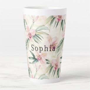 Caneca De Café Latte Aniversário Floral da Orquídea Rosa Tropical