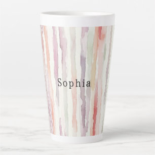 Caneca De Café Latte Aniversário Listras Brancas Rosa Melão Lavanda