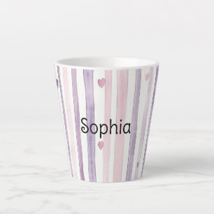 Caneca De Café Latte Aniversário Listras Corações Rosa Roxo