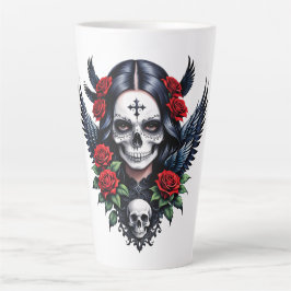 Caneca De Café Latte Anjo do Crânio de Açúcar com Rosas.