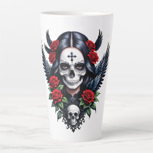 Caneca De Café Latte Anjo do Crânio de Açúcar com Rosas.