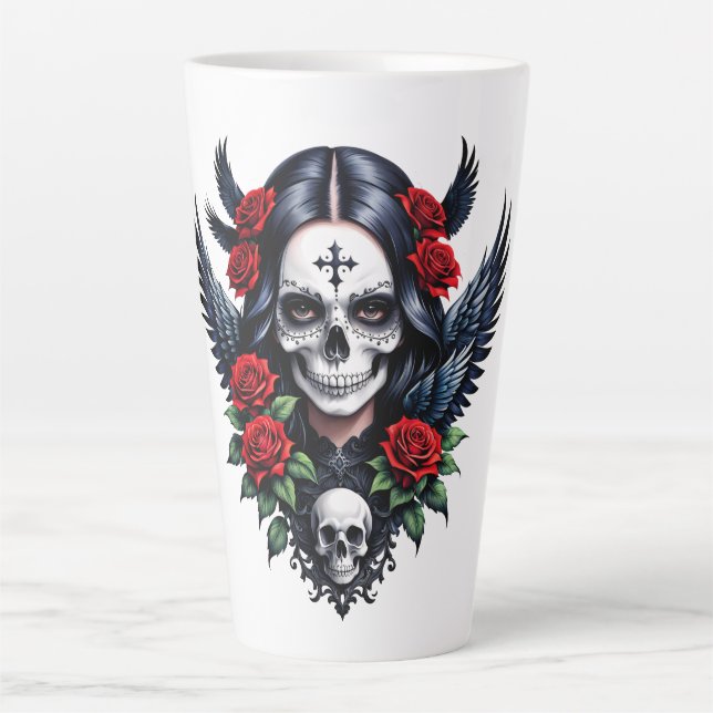 Caneca De Café Latte Anjo do Crânio de Açúcar com Rosas. (Frente)