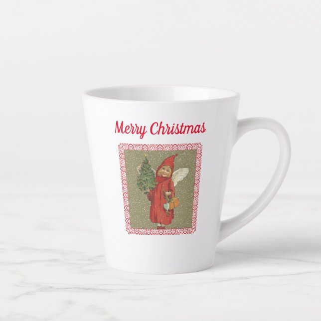 Caneca De Café Latte Anjo Vitoriano com vermelho de árvore de Natal (Direita)