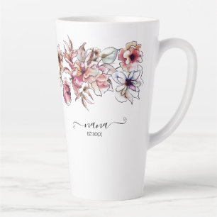 Caneca De Café Latte Anúncio de Borgonha e Azul Floral Garland Nana