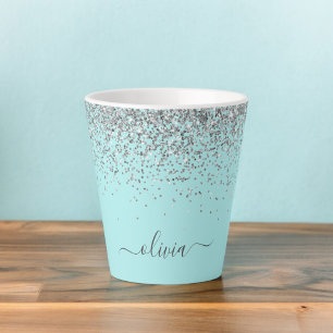 Caneca De Café Latte Aqua Azul Verde Turquesa Prateado Glitter Monogram