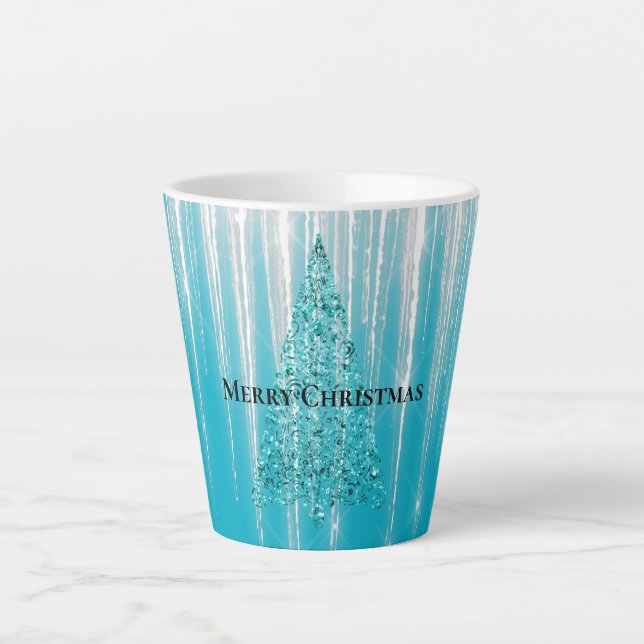 Caneca De Café Latte Aqua Blue Icicles Sparkle Christmas Tree (Frente)