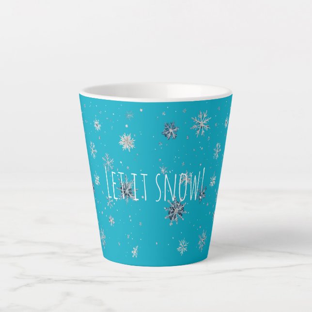 Caneca De Café Latte Aqua Blue Silver White Christmas Snowflakes (Frente)