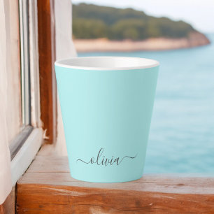 Caneca De Café Latte Aqua Blue Teal Modern Script Girly Monographic Nam