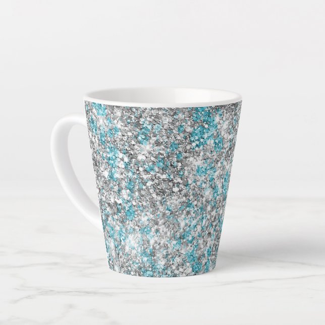 Caneca De Café Latte Aqua Silver Unicorn Glitter Sparkle Birthday (Ângulo esquerdo)