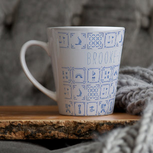Caneca De Café Latte Aquarela Azulejo Delft Azul e Branco Monograma