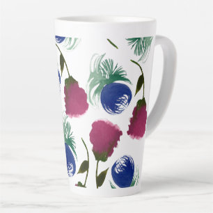 Caneca De Café Latte Aquarela Floral Azul Borgonha Cintura Verde
