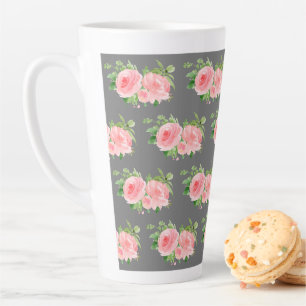 Caneca De Café Latte Aquarela Floral de Cinza Moderna